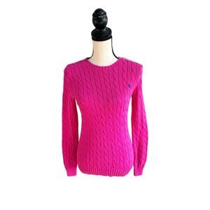 Ralph Lauren Pink Cable Black Pony Knit Sweater Women’s Small Cotton Crewneck